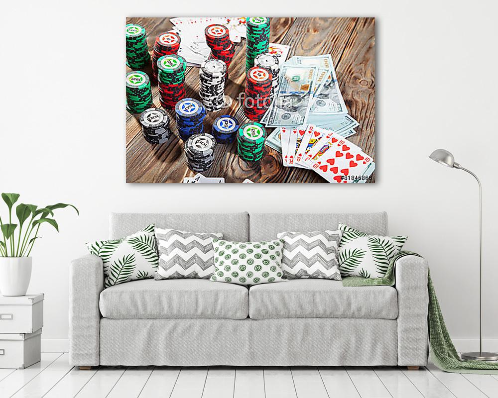 Zsetonok, kártyák és pénzpóker (többrészes kép) - vászonkép, falikép otthonra és irodába