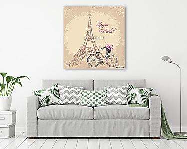 Bonjour Párizs Eiffel-torony és kerékpár - vintage (vászonkép) - vászonkép, falikép otthonra és irodába