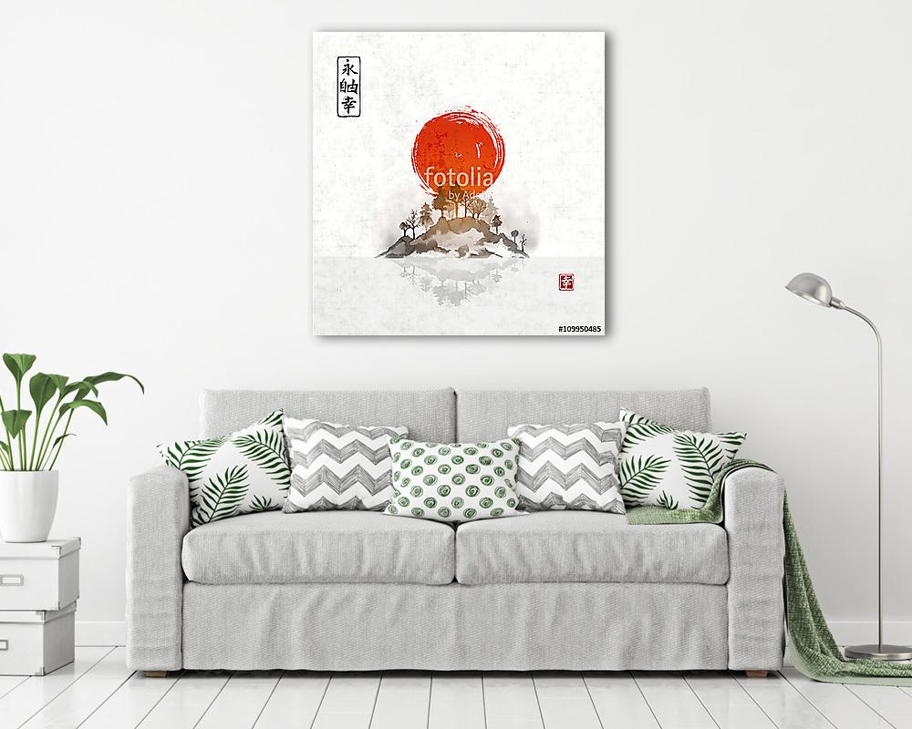 Sziget fákkal ködben és vörös napsütésben. A hagyományos japán t (bögre) - vászonkép, falikép otthonra és irodába