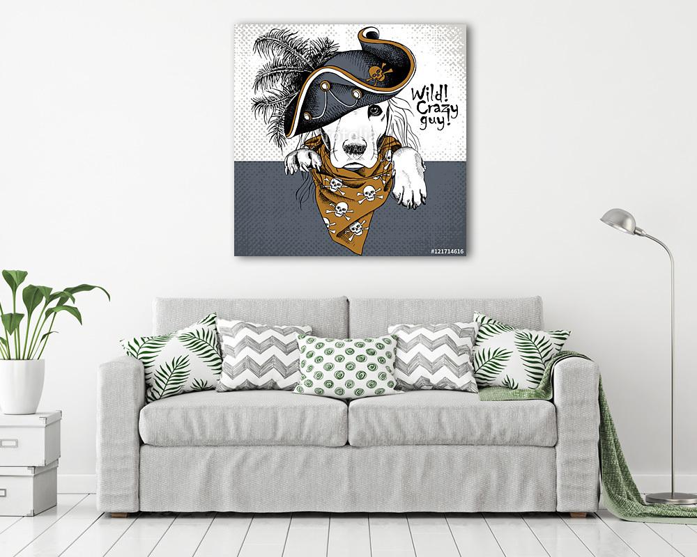 Poster with portrait of a dog wearing gray pirate hat and brown  (bögre) - vászonkép, falikép otthonra és irodába