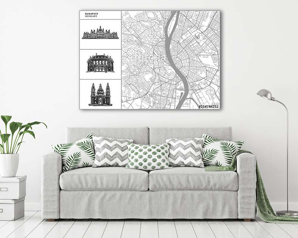 Budapest city map with hand-drawn architecture icons - vászonkép, falikép vásárlás Budapest city map with hand-drawn architecture icons (vászonkép) - vászonkép, falikép otthonra és irodába
