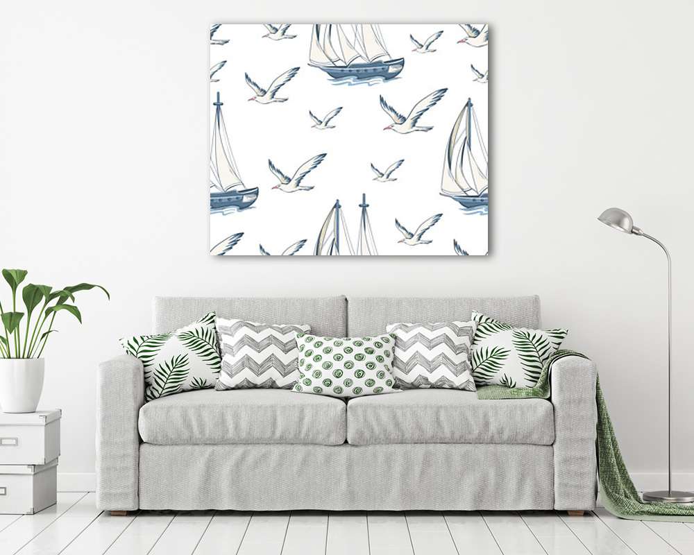 Sirályok és hajók tapétaminta (vászonkép) - vászonkép, falikép otthonra és irodába