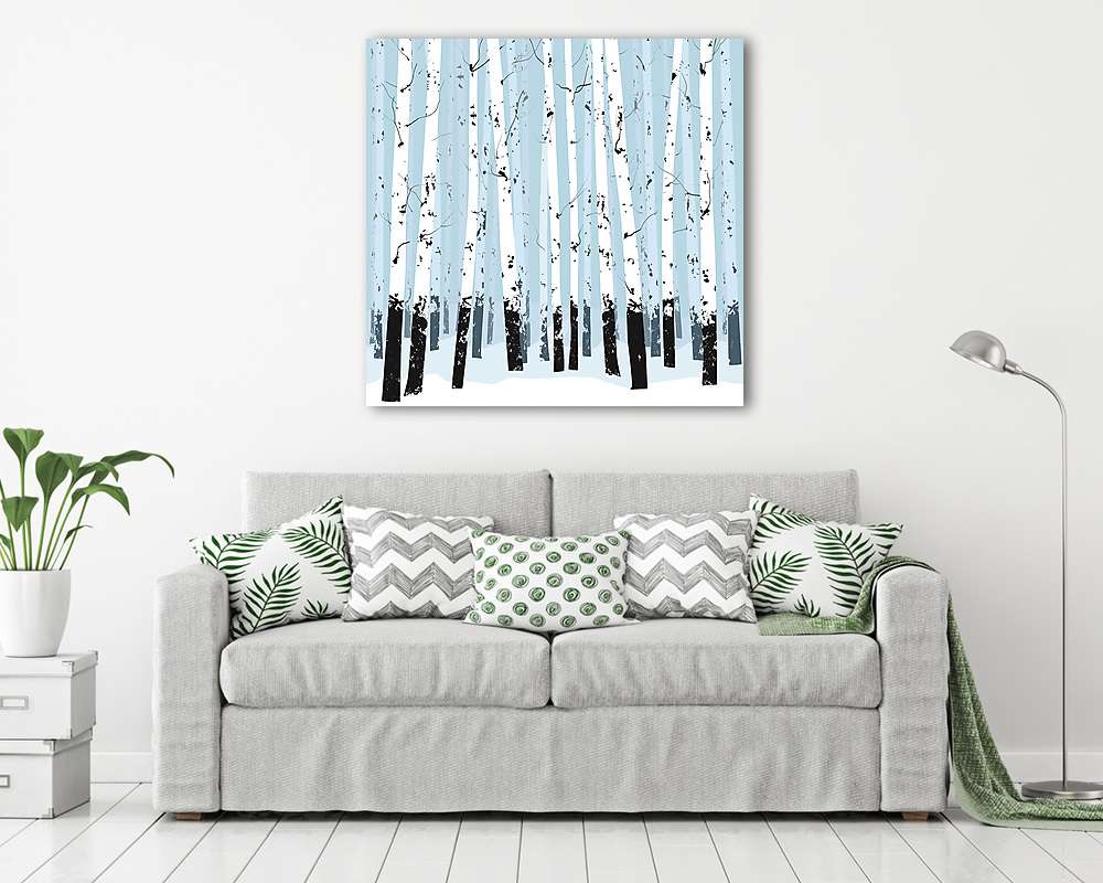 Nyírfa erdő illusztráció kék háttérrel - vászonkép, falikép vásárlás Nyírfa erdő illusztráció kék háttérrel (vászonkép) - vászonkép, falikép otthonra és irodába