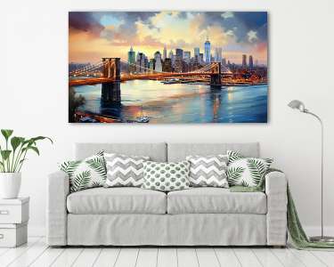 New York City naplementében Manhattannel és a Brrooklyn-híddal  (vízfestéék effekt) (vászonkép) - vászonkép, falikép otthonra és irodába