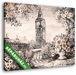 Rózsák és Big Ben, London színverzió 2 szépia (olajfestmény reprodukció) - vászonkép 3D látványterv