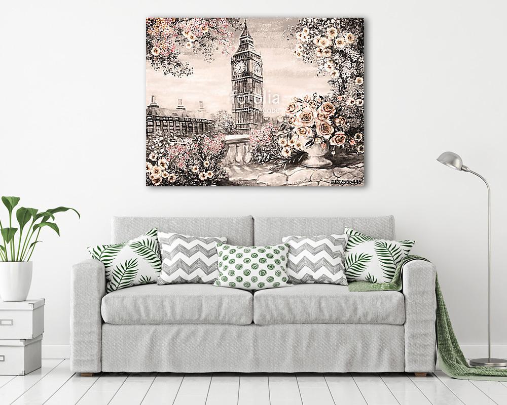 Rózsák és Big Ben, London színverzió 2 szépia (olajfestmény reprodukció) (többrészes kép) - vászonkép, falikép otthonra és irodába