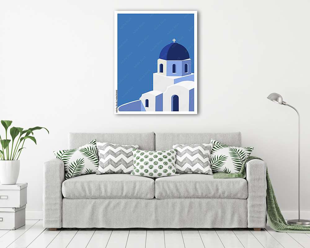 Santorini görög templom kék dómmal - vászonkép, falikép vásárlás Santorini görög templom kék dómmal (fotótapéta) - vászonkép, falikép otthonra és irodába