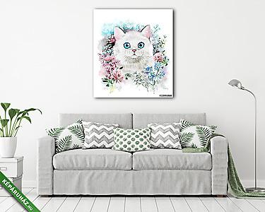 Aranyos macska illusztráció virágok közt (vászonkép) - vászonkép, falikép otthonra és irodába