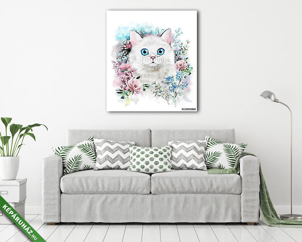 Aranyos macska illusztráció virágok közt (fotótapéta) - vászonkép, falikép otthonra és irodába