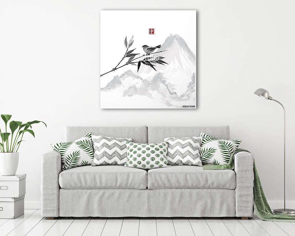 Madár, bambusz ág és hegy (fotótapéta) - vászonkép, falikép otthonra és irodába