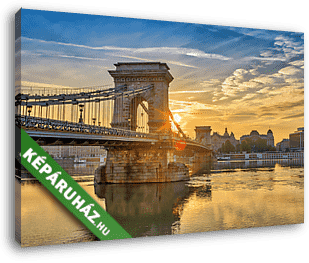 Budapesti napfelkeltő városkép a budapesti Lánchíd és a Dunán - vászonkép 3D látványterv