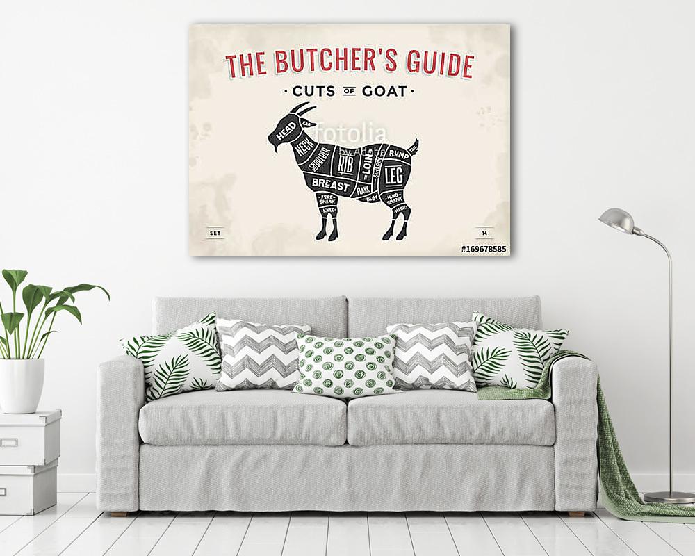 Cut of meat set. Poster Butcher diagram, scheme - Goat. Vintage  - vászonkép, falikép vásárlás Cut of meat set. Poster Butcher diagram, scheme - Goat. Vintage  (vászonkép) - vászonkép, falikép otthonra és irodába