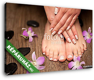 Relaxing pink manicure and pedicure with a orchid flower - vászonkép 3D látványterv