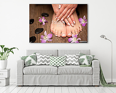 Relaxing pink manicure and pedicure with a orchid flower (vászonkép) - vászonkép, falikép otthonra és irodába