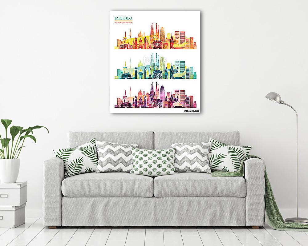 Barcelona skyline detailed silhouette. Travel and tourism backgr (keretezett kép) - vászonkép, falikép otthonra és irodába
