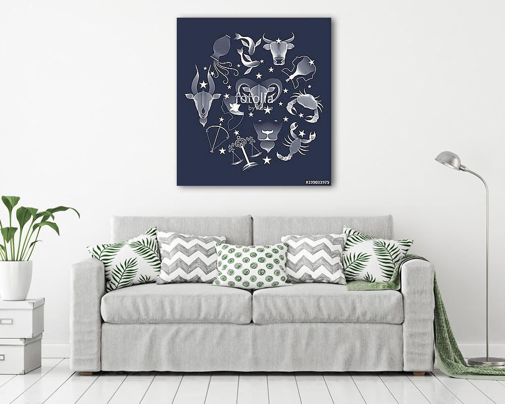 Zodiac signs circle over dark sky (vászonkép) - vászonkép, falikép otthonra és irodába
