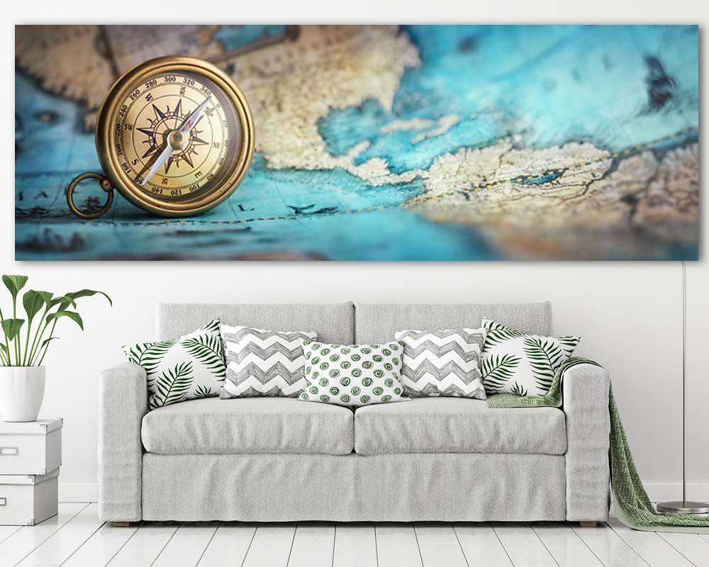 Régi iránytű térképpel, panoráma kép - vászonkép, falikép vásárlás Régi iránytű térképpel, panoráma kép (vászonkép) - vászonkép, falikép otthonra és irodába