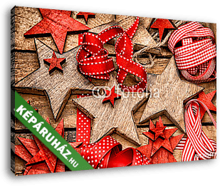 Karácsonyi díszek fából készült csillagok és piros szalagok - vászonkép 3D látványterv