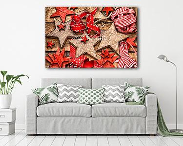 Karácsonyi díszek fából készült csillagok és piros szalagok (fotótapéta) - vászonkép, falikép otthonra és irodába