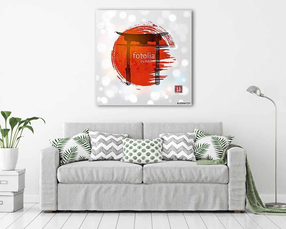 Torii kapuk és a piros, felemelkedő nap kézzel húzott tintával h (vászonkép) - vászonkép, falikép otthonra és irodába