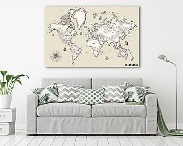 Nagy részletes, régi világtérkép dekoratív elemekkel (vászonkép) - vászonkép, falikép otthonra és irodába