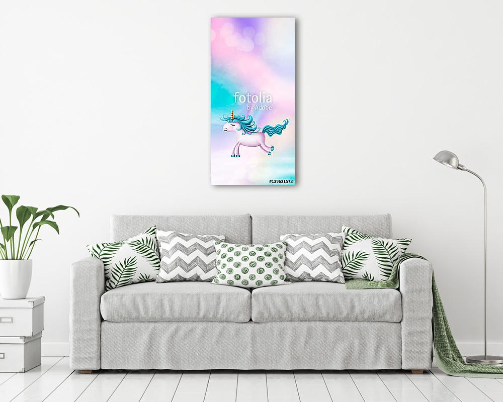 Aranyos kis egyszarvú - kék sörénnyel (keretezett kép) - vászonkép, falikép otthonra és irodába