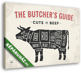 Cut of beef set. Poster Butcher diagram and scheme - Cow. Vintag - vászonkép 3D látványterv