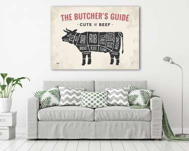 Cut of beef set. Poster Butcher diagram and scheme - Cow. Vintag (vászonkép) - vászonkép, falikép otthonra és irodába