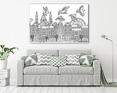 Birds over Budapest - hand drawn black and white illustration of (vászonkép) - vászonkép, falikép otthonra és irodába