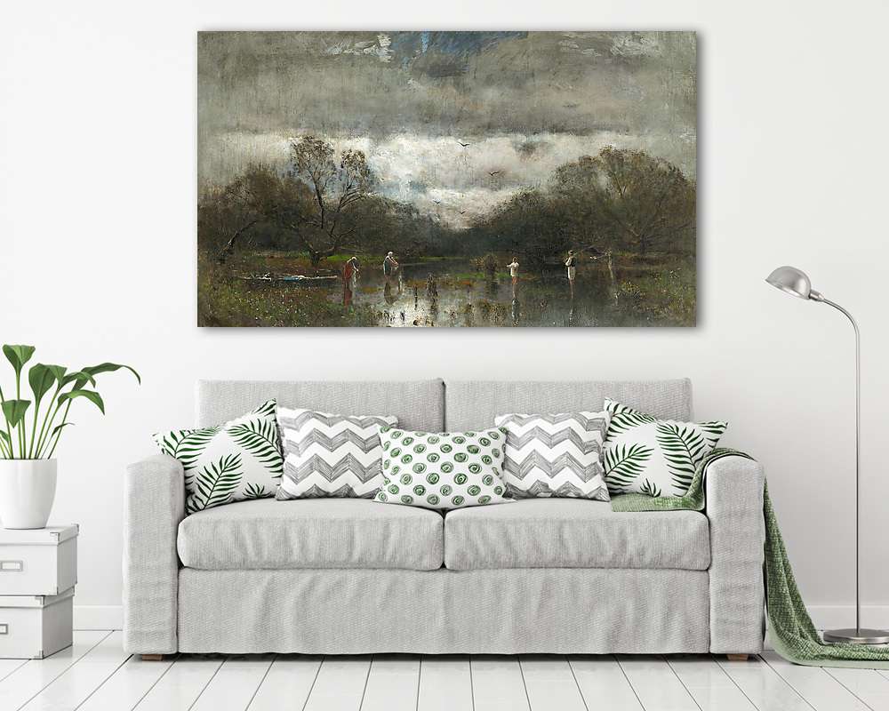 Tájkép mosónőkkel és horgászokkal - vászonkép, falikép vásárlás Tájkép mosónőkkel és horgászokkal (vászonkép) - vászonkép, falikép otthonra és irodába