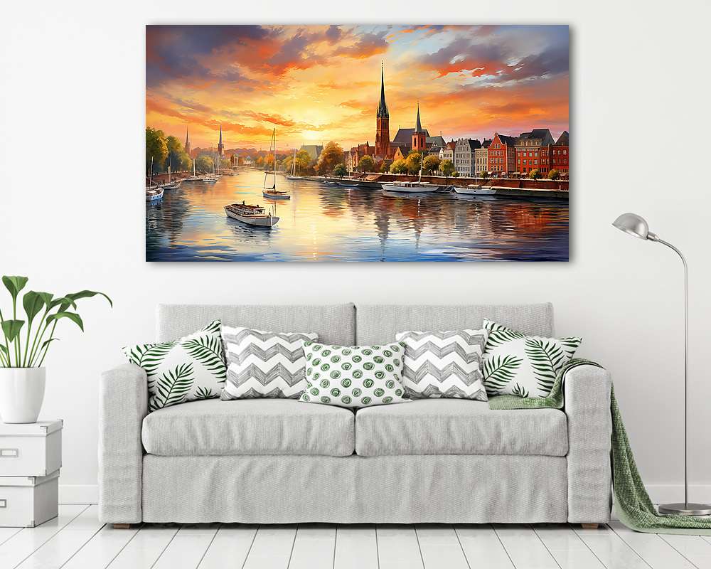 Lubeck naplementében, Németország (vízfestéék effekt) (keretezett kép) - vászonkép, falikép otthonra és irodába