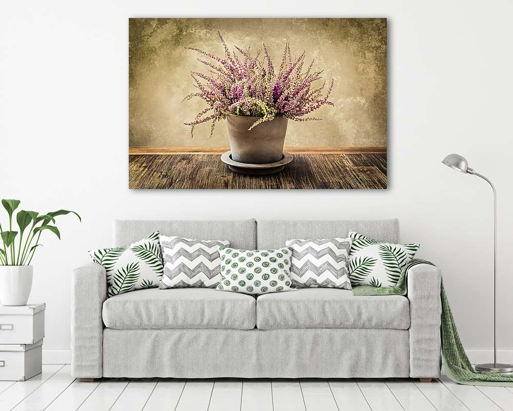 Részlet a szép heather virág a pot, vintage stílusban (keretezett kép) - vászonkép, falikép otthonra és irodába