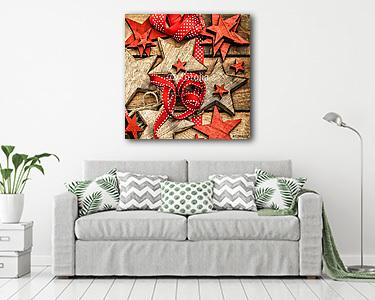 karácsonyi díszek fából készült csillagok és piros szalagok (vászonkép) - vászonkép, falikép otthonra és irodába