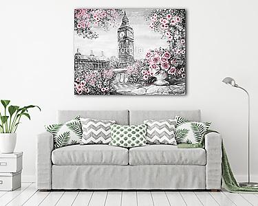Rózsák és Big Ben, London színverzió 1 (olajfestmény reprodukció) (vászonkép) - vászonkép, falikép otthonra és irodába