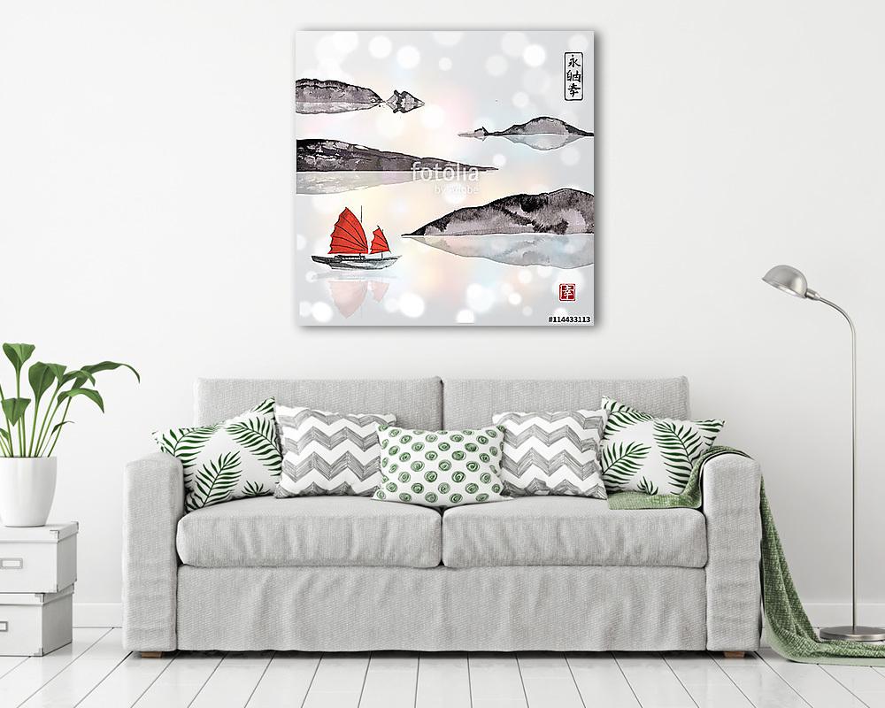 Vízi vitorlással és hegyekkel teli vízi csónak fehér háttérben - vászonkép, falikép vásárlás Vízi vitorlással és hegyekkel teli vízi csónak fehér háttérben (vászonkép) - vászonkép, falikép otthonra és irodába