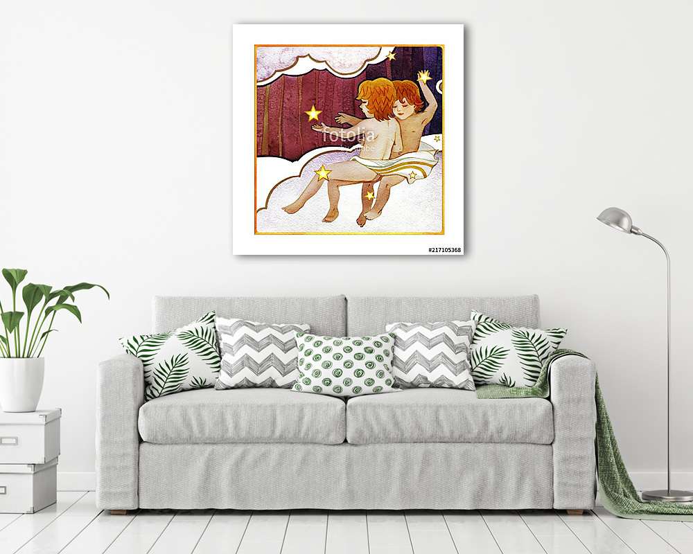 Astrological sign of the zodiac Gemini - two boys, on a dark  pa (keretezett kép) - vászonkép, falikép otthonra és irodába