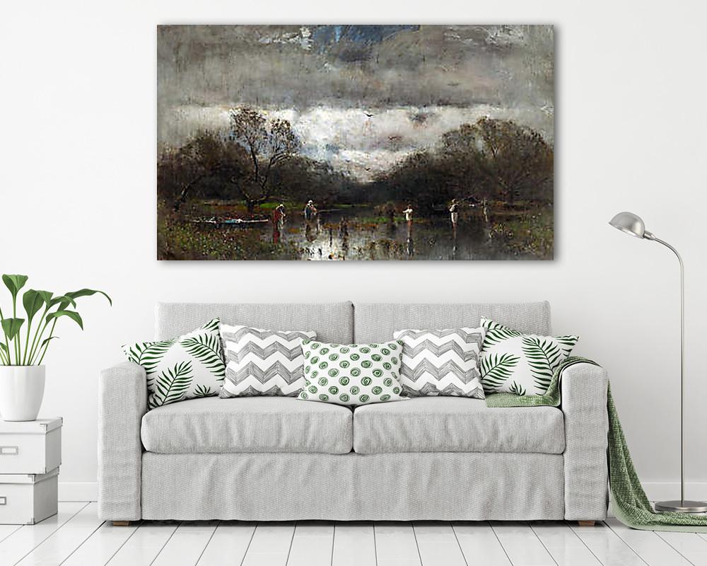 Tájkép mosónőkkel és horgászokkal (színverzió 1.) - vászonkép, falikép vásárlás Tájkép mosónőkkel és horgászokkal (színverzió 1.) (keretezett kép) - vászonkép, falikép otthonra és irodába