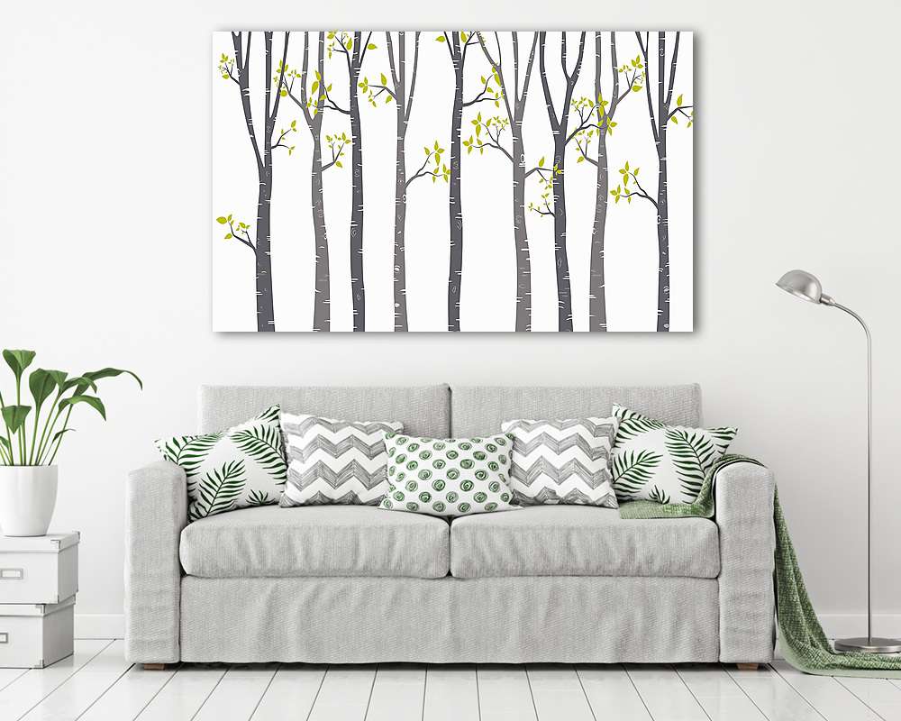 Nyírfák világos háttéren, zöld levelekkel - vászonkép, falikép vásárlás Nyírfák világos háttéren, zöld levelekkel (vászonkép) - vászonkép, falikép otthonra és irodába