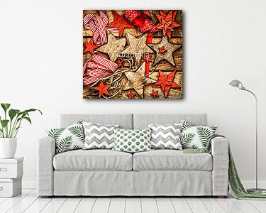 karácsonyi díszek fából készült csillagok és piros szalagok (fotótapéta) - vászonkép, falikép otthonra és irodába