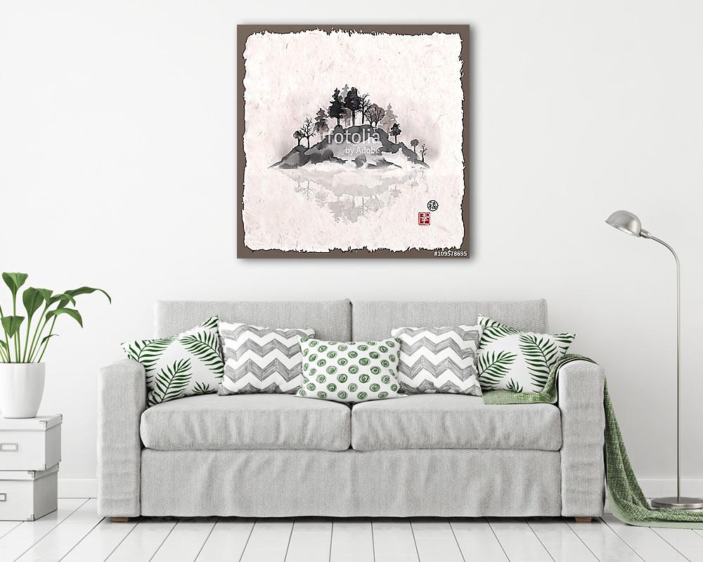 Sziget fákkal ködben. Hagyományos japán festékfestés sumi - vászonkép, falikép vásárlás Sziget fákkal ködben. Hagyományos japán festékfestés sumi (vászonkép) - vászonkép, falikép otthonra és irodába