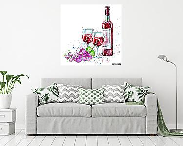 Bor, pohár és szőlő (akvarell) (vászonkép) - vászonkép, falikép otthonra és irodába