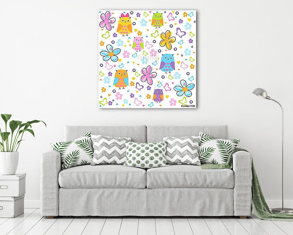 Baglyok és virágok tapétaminta (vászonkép) - vászonkép, falikép otthonra és irodába