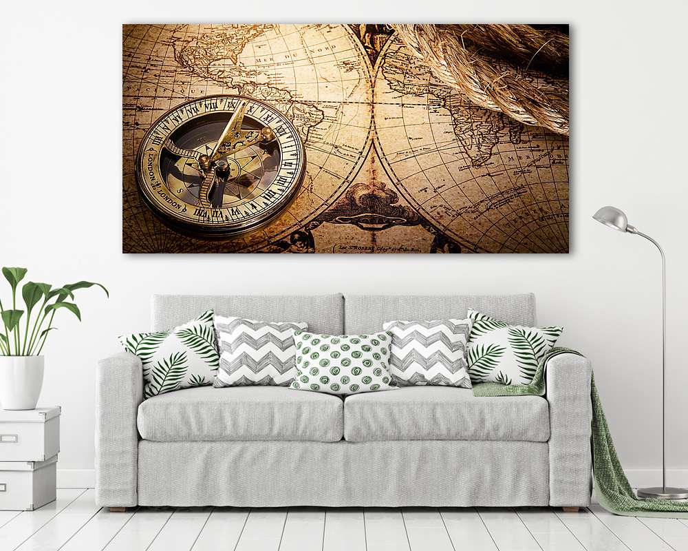 Mágneses iránytű 18. századi vintage térképen (többrészes kép) - vászonkép, falikép otthonra és irodába