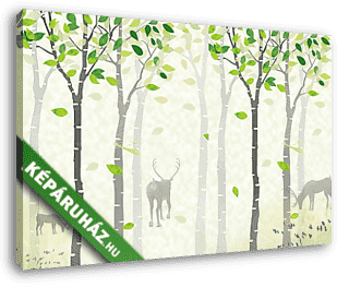 Zöld nyírfaerdő, legelésző szarvasokkal grafika - vászonkép 3D látványterv