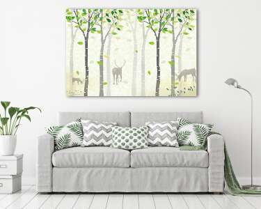 Zöld nyírfaerdő, legelésző szarvasokkal grafika (vászonkép) - vászonkép, falikép otthonra és irodába