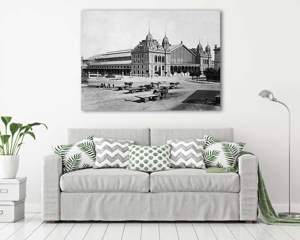 A Nyugati pályaudvar a Nyugati tér felől nézve (1880-1887 között) (többrészes kép) - vászonkép, falikép otthonra és irodába