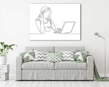 Lány laptoppal vonalrajz, line art (vászonkép) - vászonkép, falikép otthonra és irodába