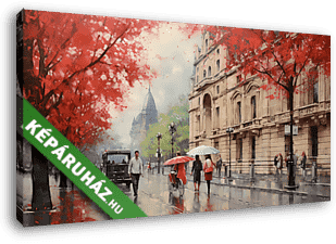 Budapest utcakép őszi esős időben esernyővel sétáló emberekkel 1. (festmény effekt) - vászonkép 3D látványterv