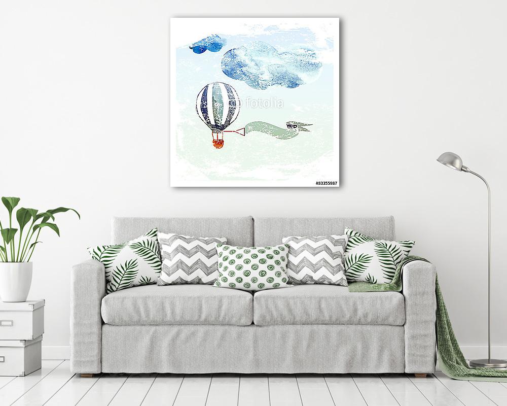 Csíkos hőlégballon a felhőhatáron (keretezett kép) - vászonkép, falikép otthonra és irodába