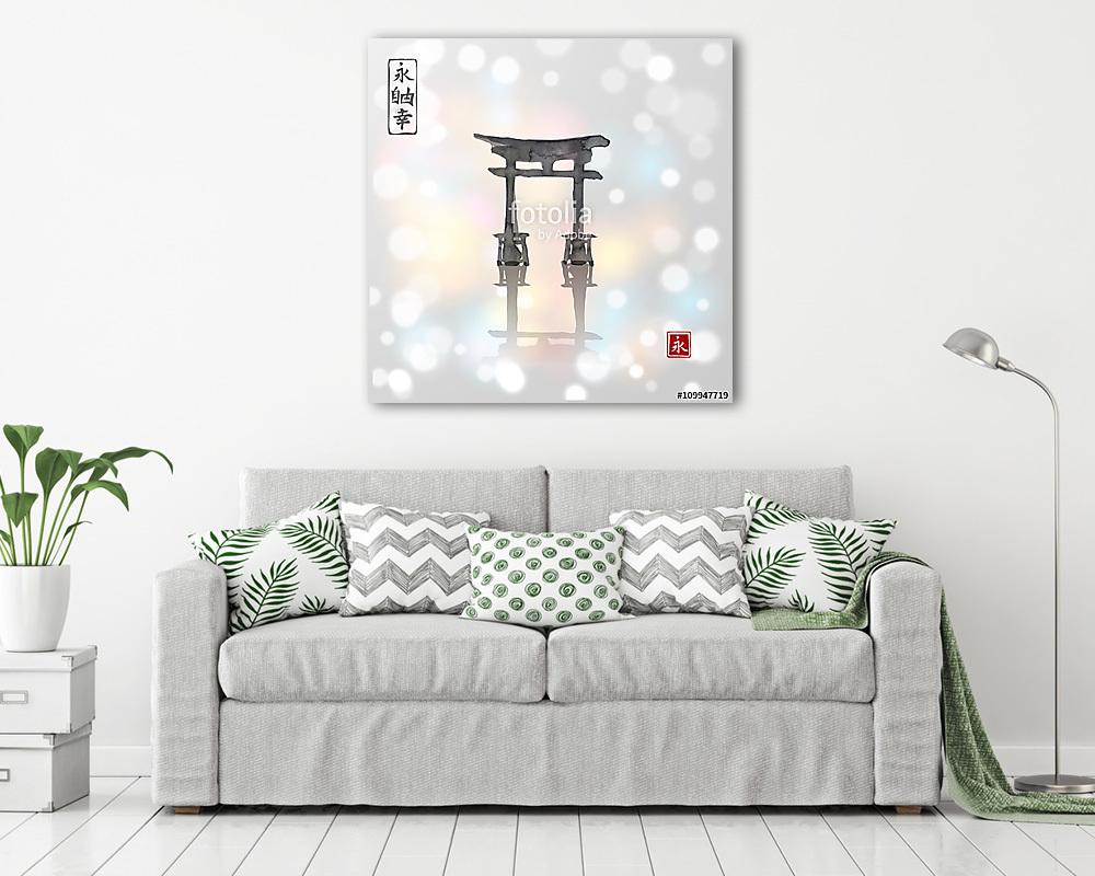 Torii kapuk kézzel húzott tintával a hagyományos japán stílusban (bögre) - vászonkép, falikép otthonra és irodába